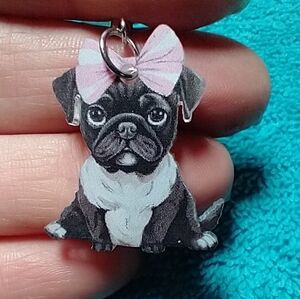 Cute colorful black white pink bow pug dog wire dangle earrings